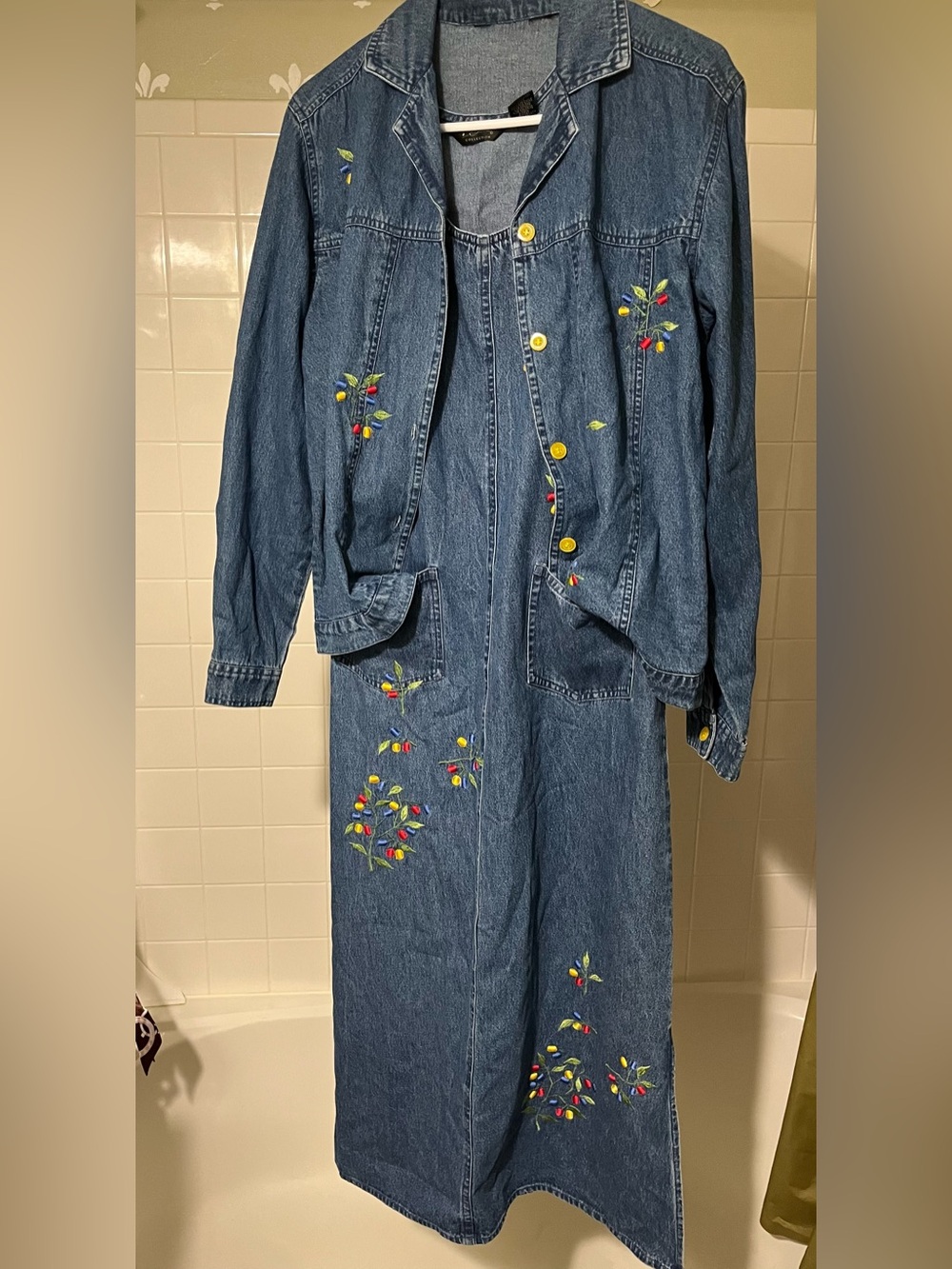 Embroidered Denim Maxi Dress with Bright Floral Accents